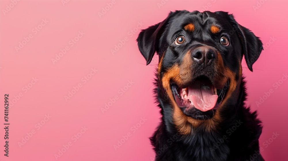 Joyful Rottweiler Dog Portrait on Pink Background Joyful Rottweiler Dog Portrait on Pink Background