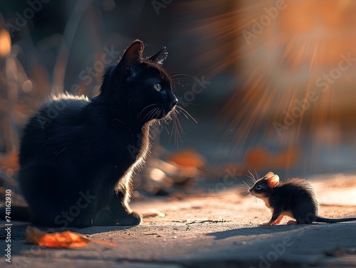 Black Cat and Mouse Coexisting in Sunlight