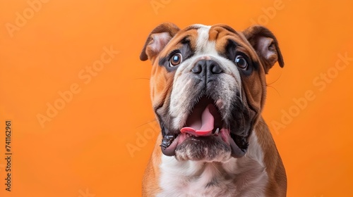 Cute Bulldog Puppy Smiling on Orange Background - Perfect for Pet Products and Services photo