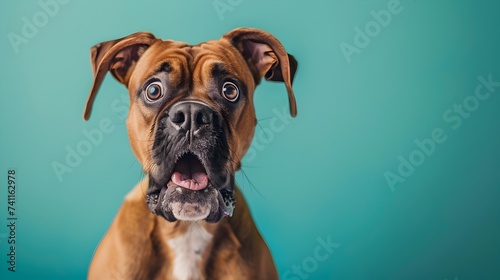 Blue Background Boxer Dog Staring Intently