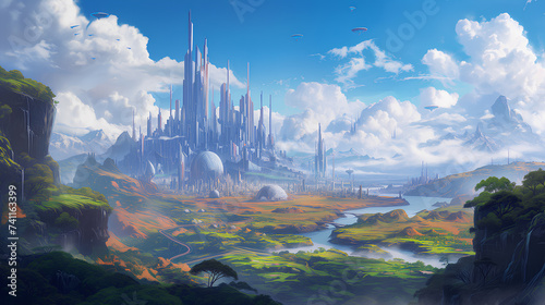 Sci-Fi Fantasy Cityscape with Lush Landscapes. An expansive sci-fi cityscape merges with stunning natural landscapes, showcasing a harmonious blend of advanced civilization and ecology.  © Daw