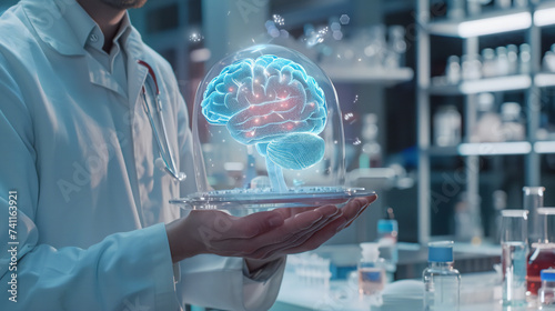 A scientist holding a brain hologram technology in the laboratory.