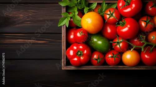 Fresh tomatoes of different colors and varieties closeup,Organic tomatoes with basil in vintage wooden box on wooden table