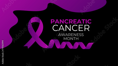 Pancreatic cancer awareness poster. Purple ribbon on black background. Pancreatitis disease. Medical concept. Holiday concept. cover, flyer, card, banner, poster. Vector illustration