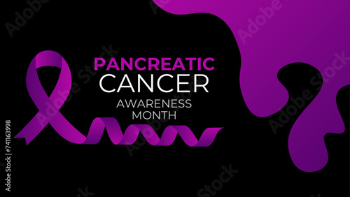 Pancreatic cancer awareness poster. Purple ribbon on black background. Pancreatitis disease. Medical concept. Holiday concept. cover, flyer, card, banner, poster. Vector illustration
