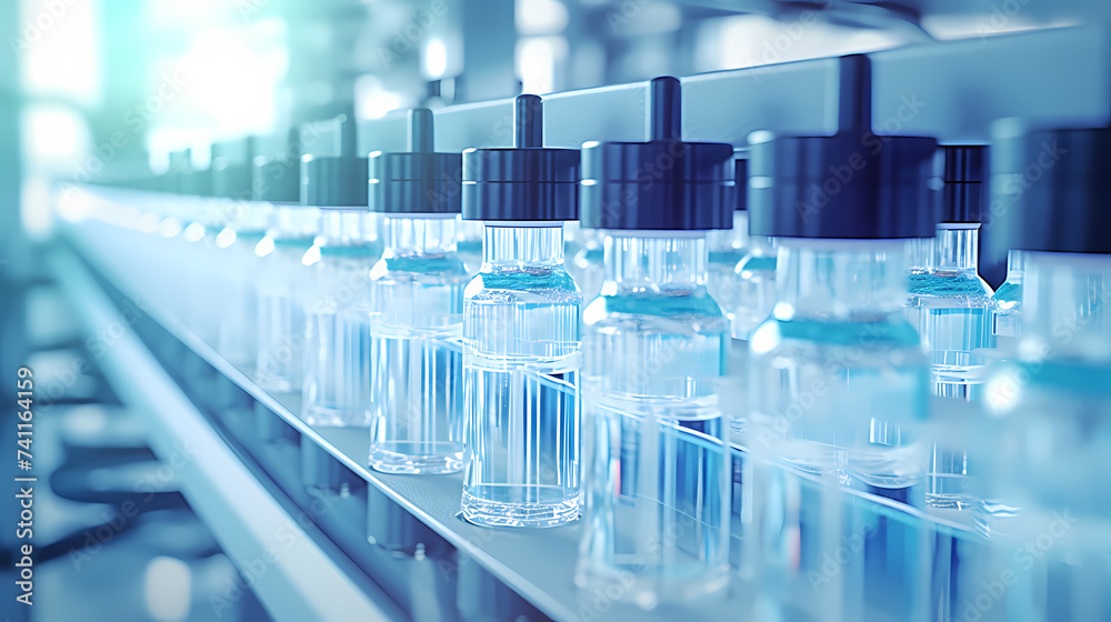 Medical vials on production line at pharmaceutical factory Medical vials on production line at pharmaceutical factory