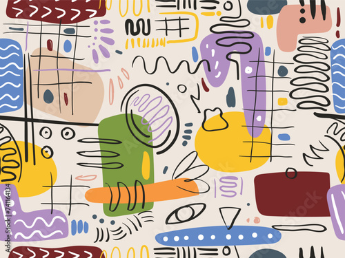 Hand drawn various shapes and doodle objects. modern trendy seamless pattern