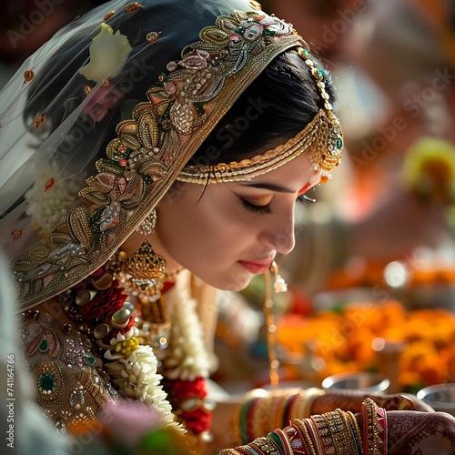 Beautiful face of Indian bride at wedding ceremony, Indian national costume, wedding flowers backdrop 