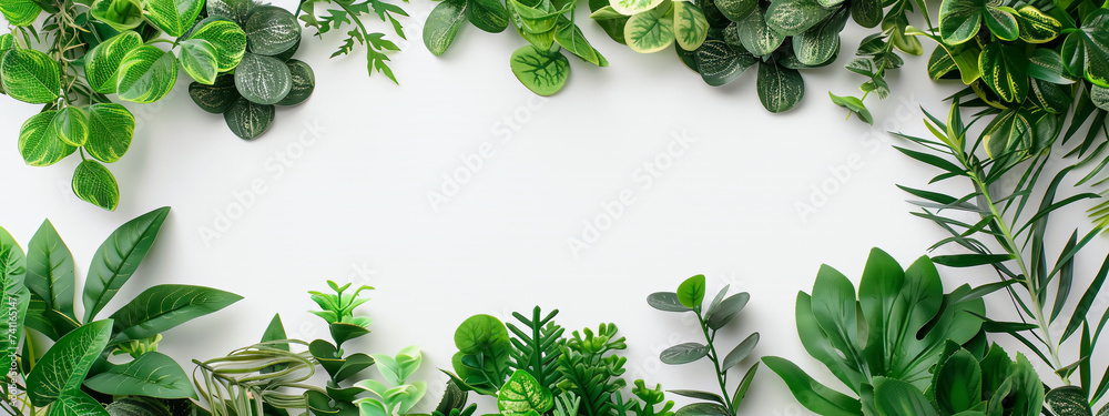 A frame of tropical botanical house plant on white background with a copyspace for text.