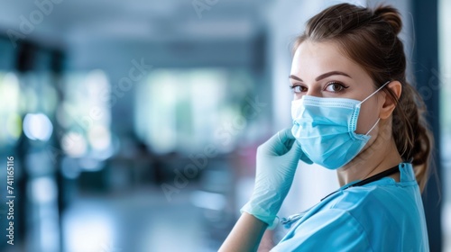 Female nurse in uniform putting on medical mask before work while standing in clinic.