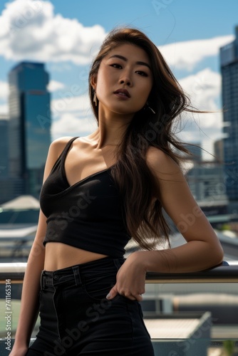 Professional Photography of a Dynamic Asian Top Model Posing Against a City Skyline, Generative AI