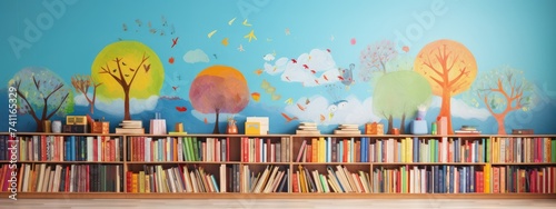 Children's books lie on a bookshelf. Banner