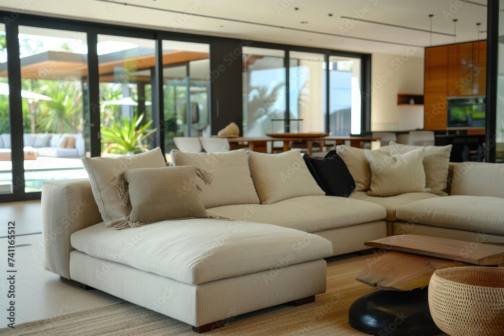 Fototapeta premium Contemporary living room interior with a modern minimalist design Featuring a beige white sofa and natural daylight Offering a fresh and inviting space for relaxation and inspiration