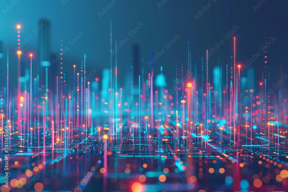 The image can be described as Vibrant abstract musical party background with colorful sound waves and disco lights - obrazy, fototapety, plakaty 