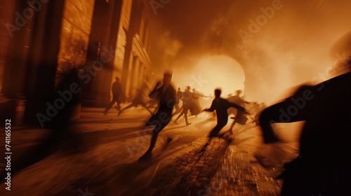 A silhouettes blur motion of crowd people chaos running in city at night.