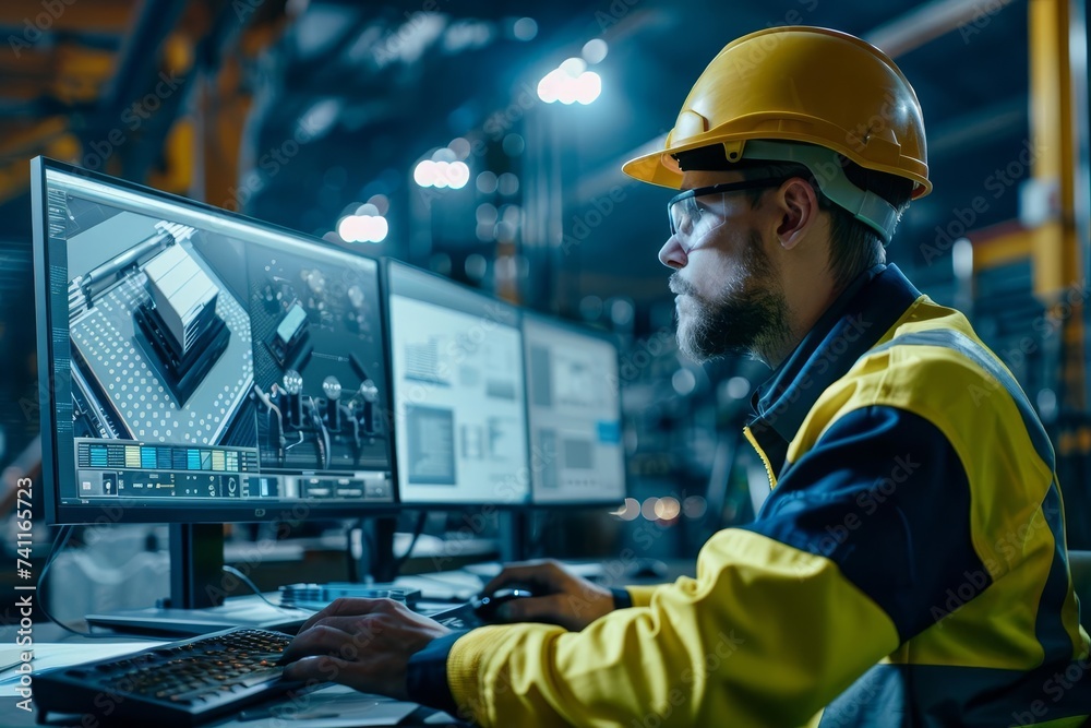 Engineer monitoring and controlling robotic automation Showcasing the integration of advanced technology in manufacturing and digital operations Engineer monitoring and controlling robotic automation Showcasing the integration of advanced technology in manufacturing and digital operations