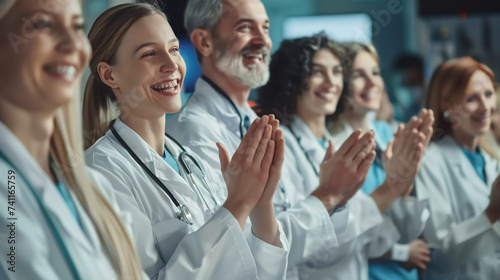 A group of doctors scientist applaud successful celebration in hospital.