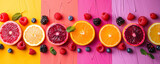 Berries and citrus on a neon striped background copyspace for eye catching designs