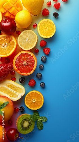 Assorted fruits on a multihued background with copious copyspace for engaging ads