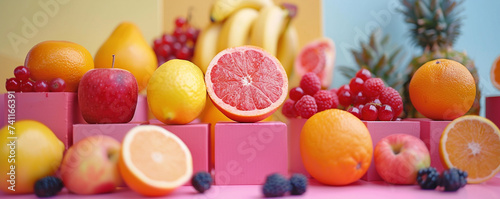 Bright whole fruits on a playful backdrop ample copyspace for engaging content