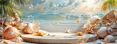 A sunny beach-themed podium with seashells and starfish scattered around evening scene summer 