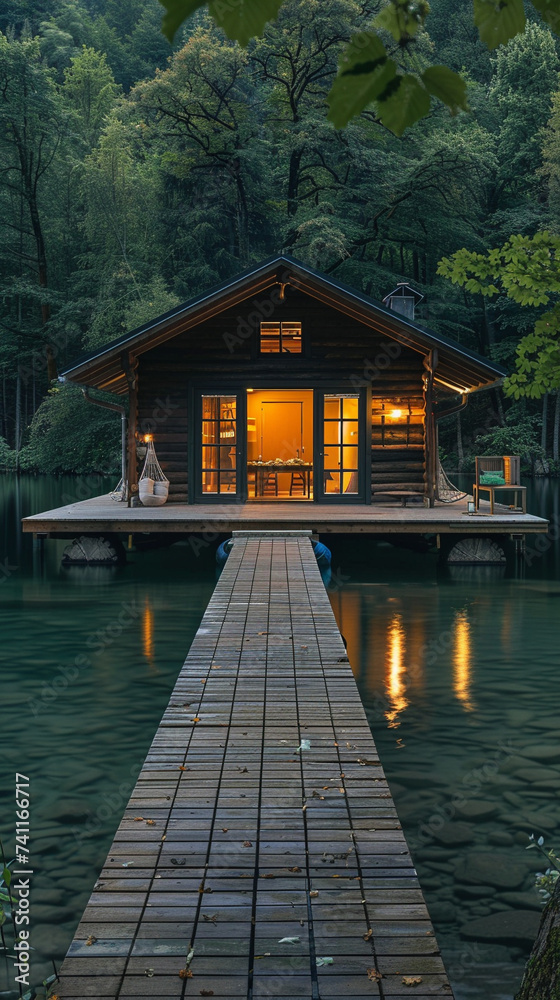 Lakeside cottage retreat with a wooden dock surrounded by tranquil waters