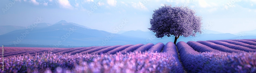 Lavender fields of Provence France with a solitary tree standing amidst the purple bloom - obrazy, fototapety, plakaty 
