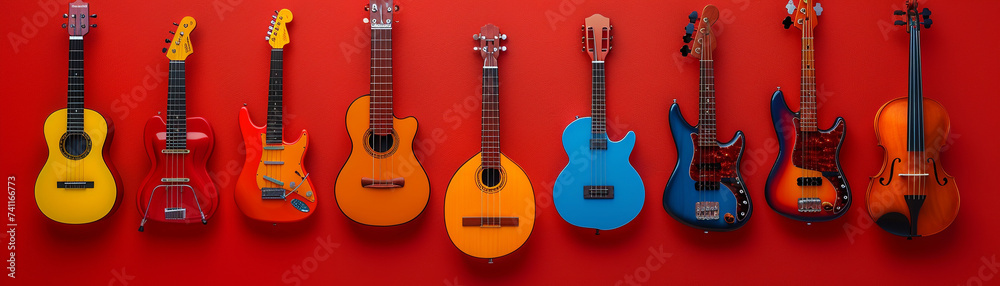 Music instrument mockups in radiant colors striking a chord with vibrant music lovers