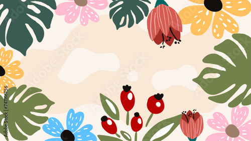 Colorful colourful vector spring background with plants, leaves and floral composition, simple and trendy style