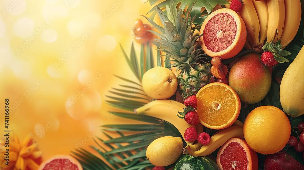 Tropical fruit collection on a vividly colored background ample space for dynamic text