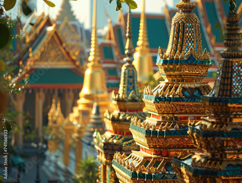 The golden domes of the Grand Palace Bangkok Thailand shimmering under the tropical sun