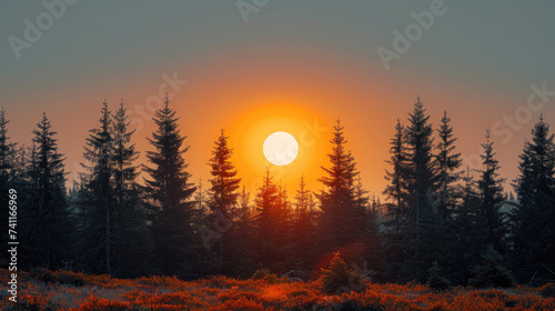 A tranquil scene captures the sun setting in a vibrant orange sky  silhouetting a cluster of trees
