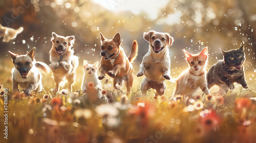 A group of dog playful in a park with natural light. photo