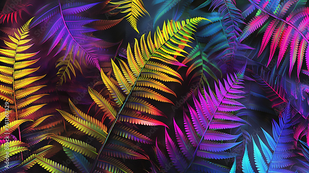 Naklejka premium iridescent metallic fern background colorful leaves pattern wallpaper yellow purple blue vivid bold texture nature shiny sparkling neon glossy design plant holographic foil light dark contrast
