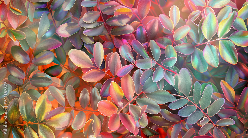 leaves background iridescent metallic colorful pattern wallpaper orange green yellow shiny sparkling neon glossy vivid bold texture nature design plant holographic foil light contrast - obrazy, fototapety, plakaty 