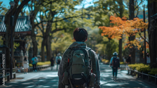 Man Walking in Urban Park with Backpack in Japanese Style