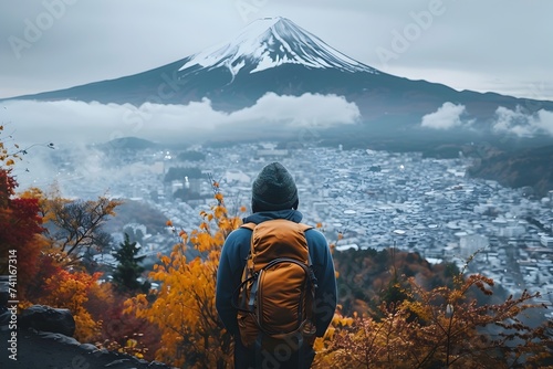 Backpacker Enjoying Mount Fuji View in Autumn Style