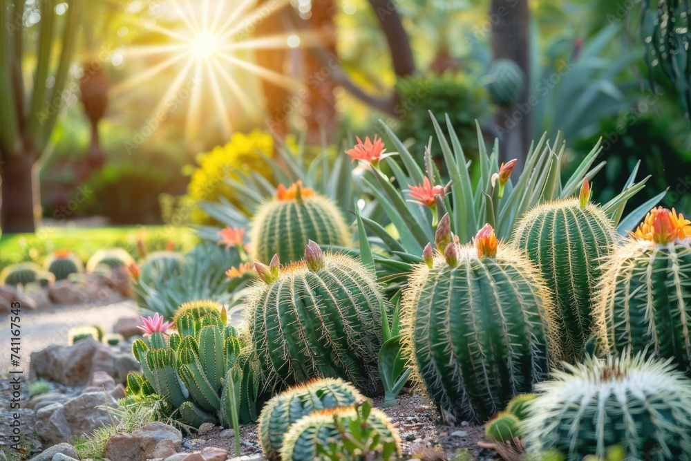 cactus, agave and Succulents garden, luxury landscape design with green manicured lawn, beautiful flower beds and path. soft sunrays. cactus, agave and Succulents garden, luxury landscape design with green manicured lawn, beautiful flower beds and path. soft sunrays.