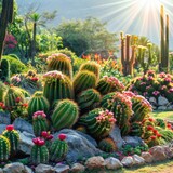 cactus, agave and Succulents garden, luxury landscape design with green manicured lawn, beautiful flower beds and path. soft sunrays.