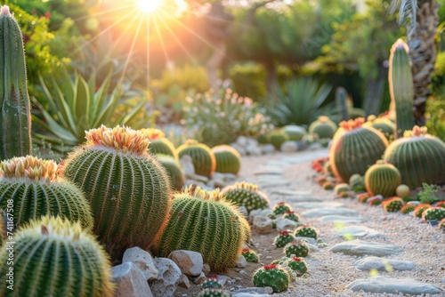 cactus, agave and Succulents garden, luxury landscape design with green manicured lawn, beautiful flower beds and path. soft sunrays.