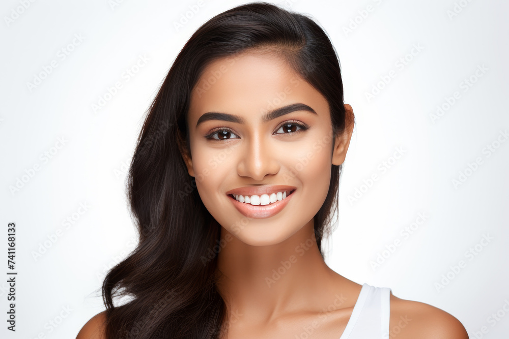 Portrait of a smiling young woman with flawless skin on a white background. Portrait of a smiling young woman with flawless skin on a white background.