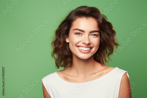 Portrait of a smiling young woman with curly hair against a green background.