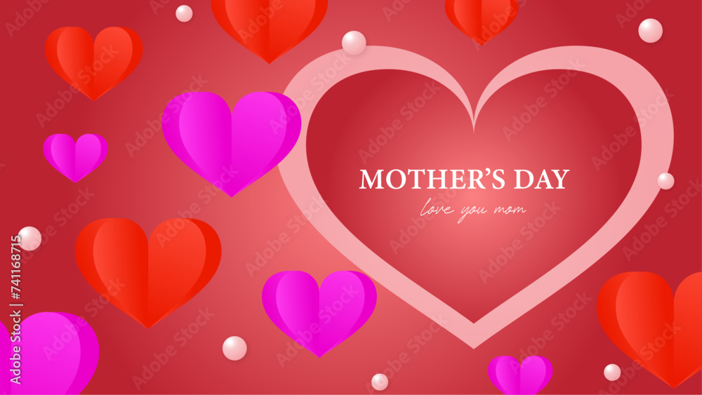 Pink red and white vector mothers day background with love balloons and flowers illustration