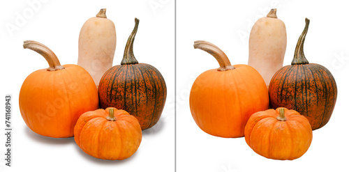 Different pumpkins without background with shadow and without for your holidays design or menu or booklet. Halloween. © Sensey3242