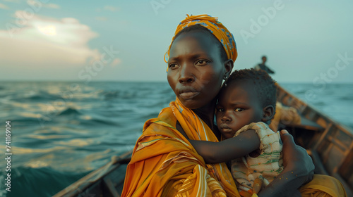 Fictional depiction of refugee woman and child on a boat