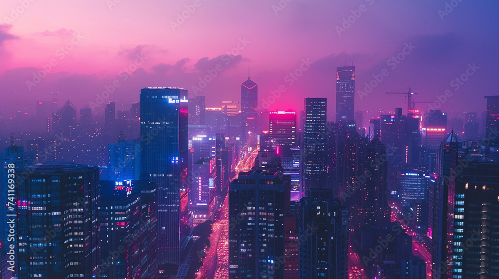 Bustling cityscape at twilight skyscrapers lit with thousands of lights busy streets below capturing the essence of urban life the transition from day to night - obrazy, fototapety, plakaty 
