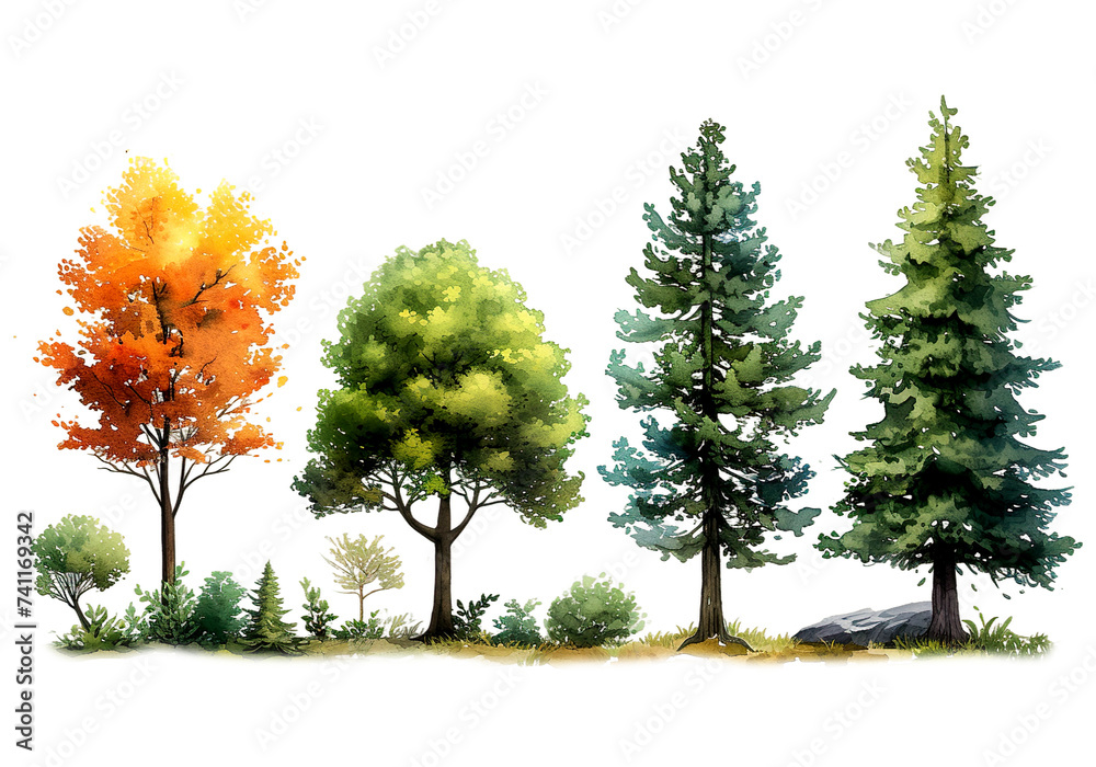 Fototapeta premium Watercolor painting of lush green summer to vibrant autumn hues, horizontal, isolated on a transparent background