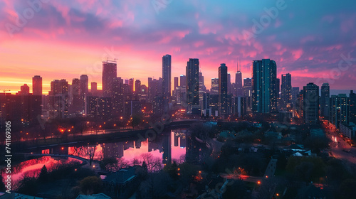 Sprawling urban skyline at dawn the city awakening hues of pink and orange painting the sky reflections on glass facades the promise of a new day