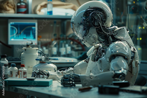A compelling narrative of Artificial Intelligence evolution showcasing its impact on society and industries captured in a series of documentary style photographs blending editorial and magazine
