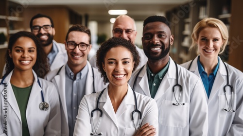 A group of doctors of different nationalities and genders looks at the camera while standing photo